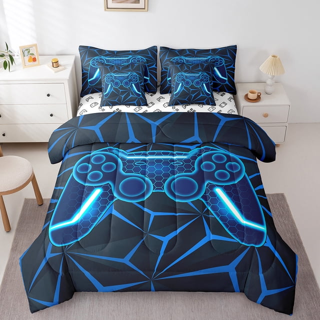 Erosebridal Gradient Gamepad Bedding Sets Full Size, Blue Comforter Sets with Sheets, Neon Geometric Decor, Reversible 7-Piece