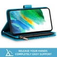 thumbnail image 5 of Compatible with Samsung Galaxy S21 FE 5G Wallet Phone Case and Tempered Glass Screen Protector Flower Faux Leather Flip Credit Card Holder Stand Zipper Cell Cover for S21FE5G UW 6.4 inch Women Blue, 5 of 9