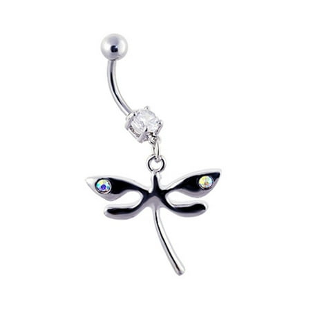Navel Ring With Dangling Steel Dragonfly With Ab Gems
