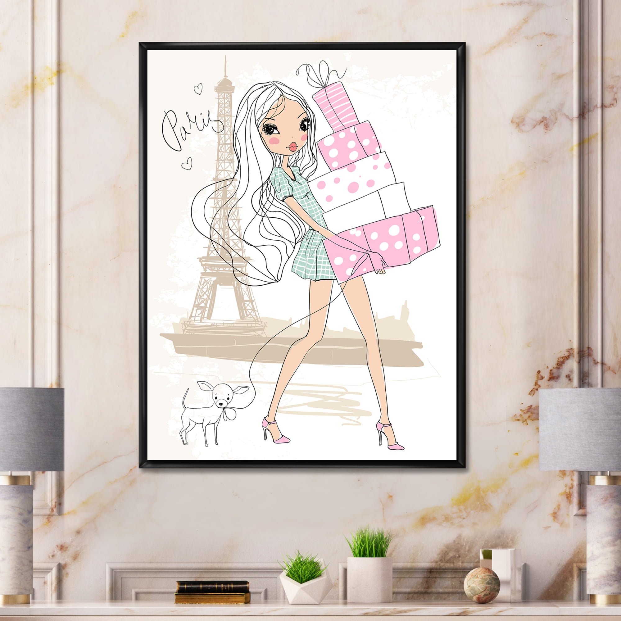 Designart 'Young Woman With Shopping Boxes In Paris' Shabby Chic Framed Canvas Wall Art Print