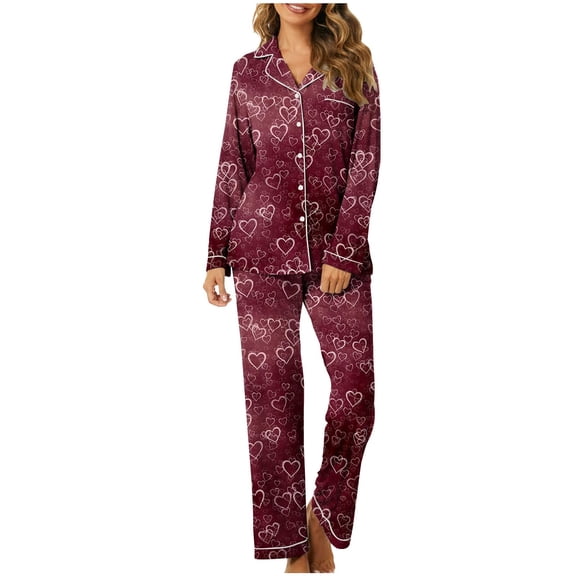 Pajamas for Women Set Casual Valentines Day Print V Neck Long Sleeve Long Pant Sleepwear Fall Fashion Outfits,Purple,M
