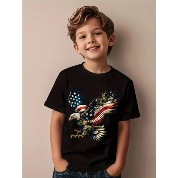 children’s wear Patriotic American Flag Eagle Graphic T-Shirt for Boys Retro USA Bald Eagle Kids Short Sleeve Tee Cute Fourth of July Toddler Boy Clothes