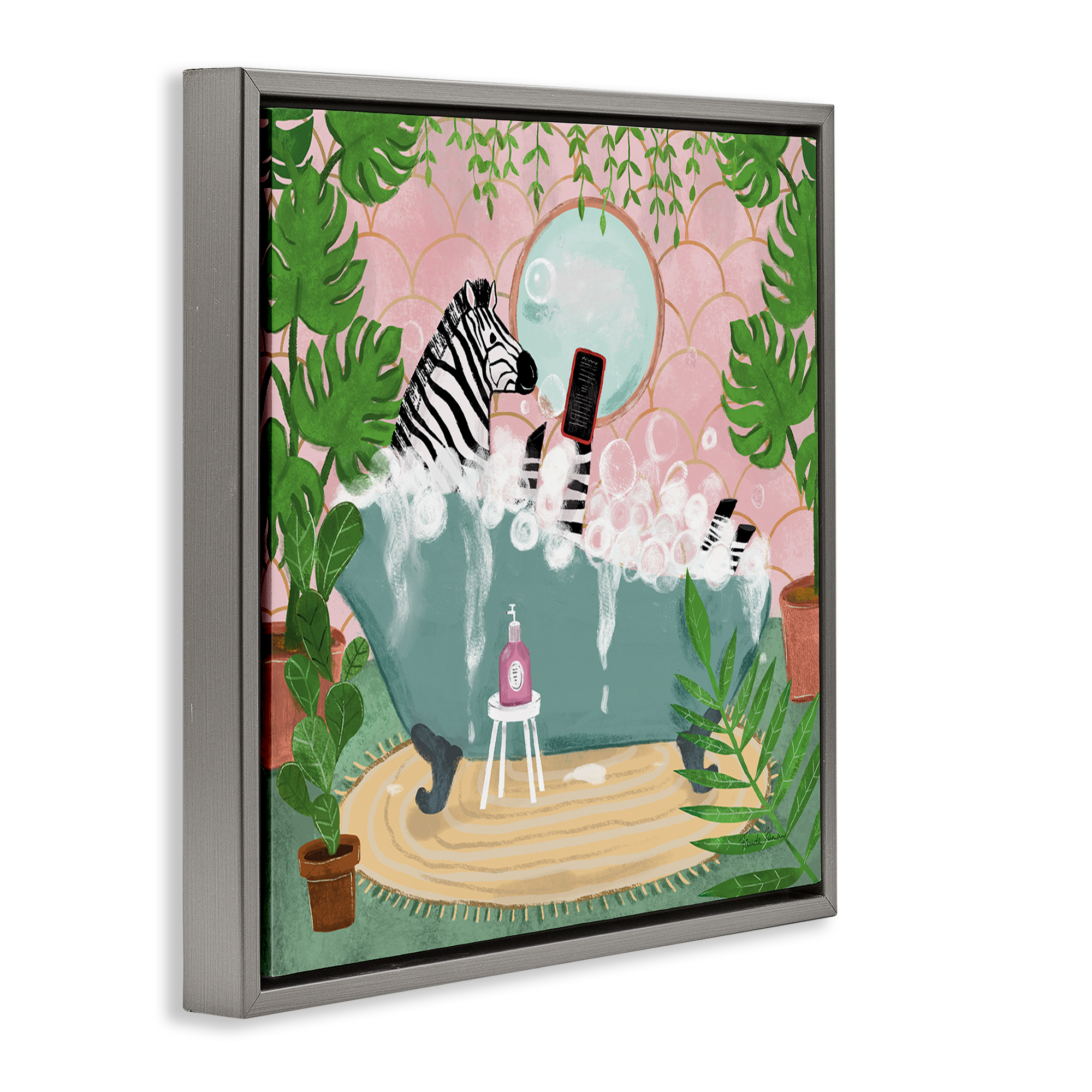 Stupell Industries Zebra Fun Bath Time Typography Painting Gray Floater Framed Canvas Art Print Wall Art, 25 x 25