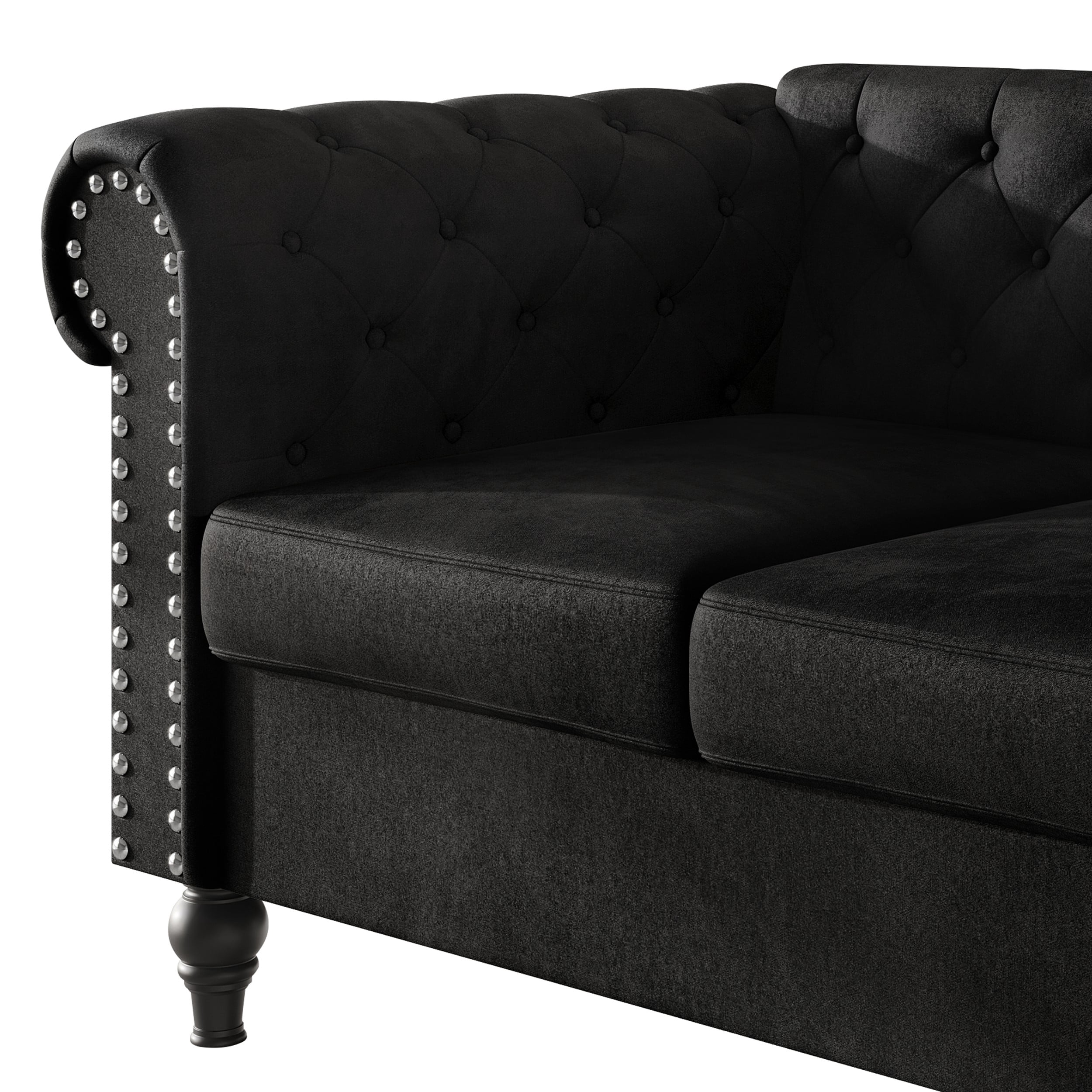 Home Design Kelso Velvet Rolled Arm Loveseat with Deep Button Tufting, Nailhead Trim and Turned Legs, Black