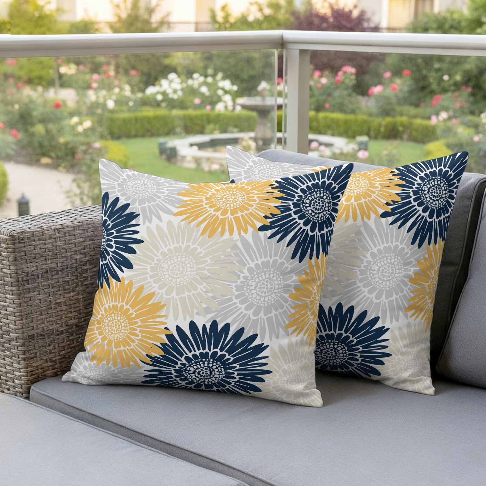 Yellow Grey Sunflowers Outdoor Waterproof Throw Pillow Covers 24x24 Set of 2, Boho Vintage Floral Rustic Blossom Pillowcases Cushion Pillowcase for Couch Sofa Patio Outside Pillow Protector