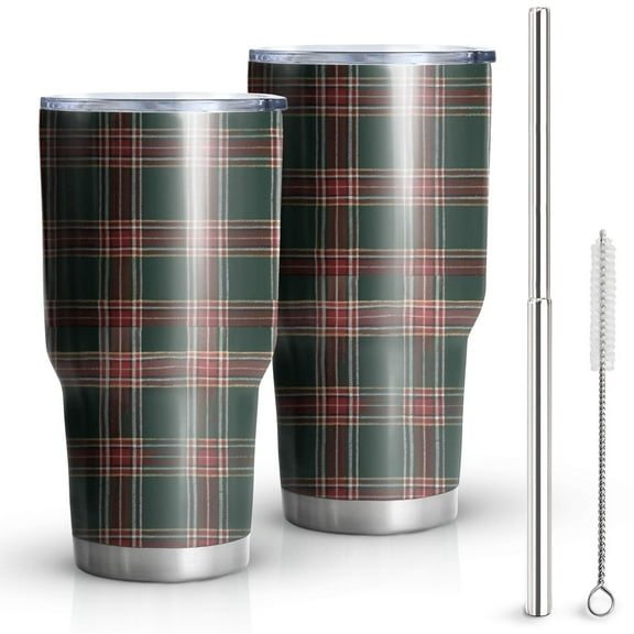 30oz Green and Red Christmas Plaid Pattern Tumblers Stainless Steel Tumbler with Lid and Straw,Vacuum Insulated Double Wall Travel Tumbler Cups Mug with Cleaning Brush for Coffee,Tea