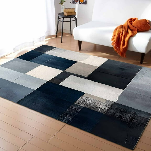 Area Rugs Indoor Non-Slip Rectangle Rug 5x7 Ft Blue Grey Color Block Abstract Graffiti Art Oil Painting Modern Rug Rubber Backing Floor Mats Non Shedding Home Decor Carpet for Entryway Living Room
