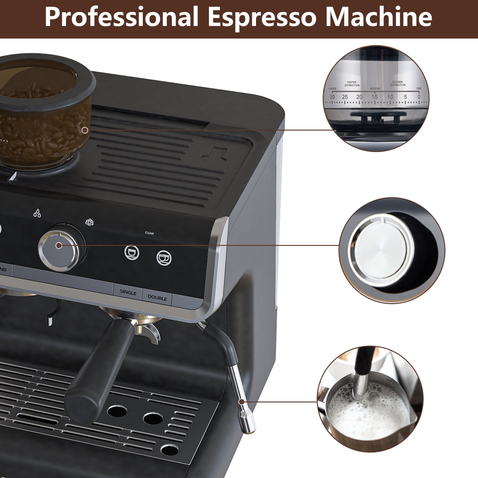 Home Semi Automatic Espresso Machine, 20 Bar Professional Espresso Maker with Milk Frother Steam Wand and 95oz Water Tank, Stainless Steel Latte Cappuccino Coffee Maker for Home