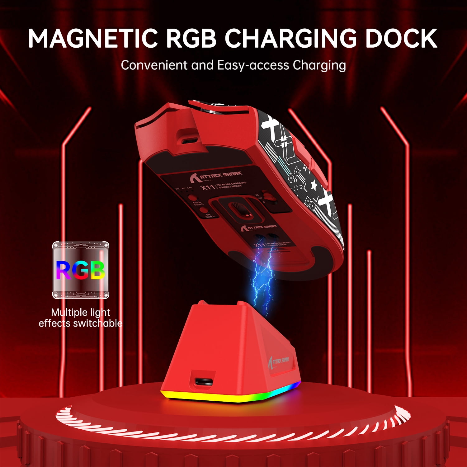 ATTACK SHARK X11 Wireless Gaming Mouse with RGB Charging Dock, Tri-Mode 2.4G/USB-C Wired/Bluetooth, 22000 DPI, PAW3311 Sensor, 5 Programmable Buttons, Grip Tape Included, Red