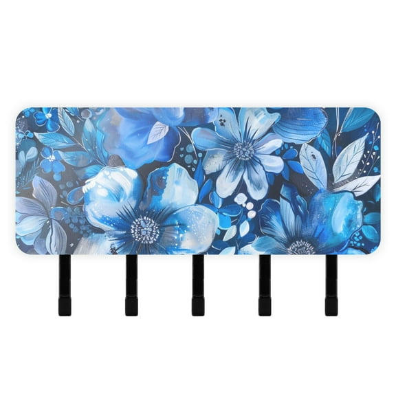 Blue Floral Flowers Key Holder for Wall Mail Holder Organizer with 5 Key Hooks Wall Mount Key Rack with Shelf