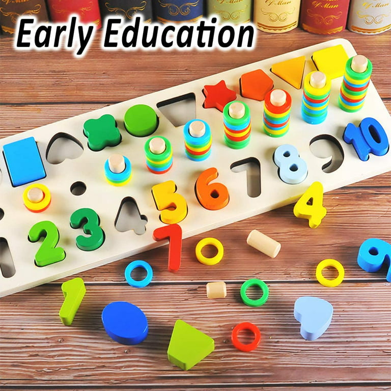Educational Montessori Toys for Toddlers - Wooden Puzzles Blocks Number  Stacking Best Preschool Learning Activities Shape sorter Math Game Baby  Kids