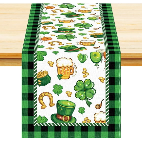 St Patricks Day Decorations Table Runner, Holiday Table Runner with Lucky Clover Beer Hat Gold Coin Decoration for Table Kitchen Dinner Table Farmhouse- 13 x 72 Inch