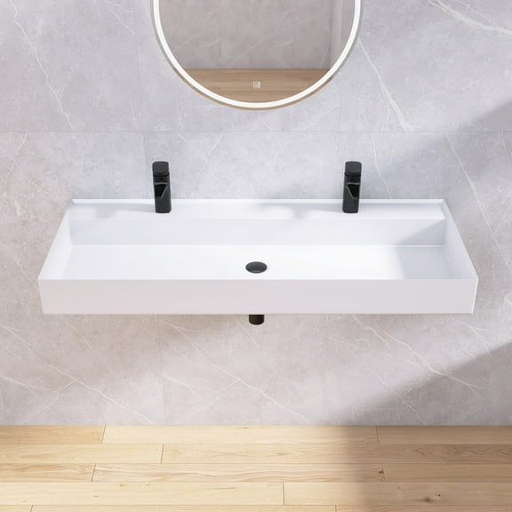 MEDUNJESS 47" Wall Mount Rectangle Vessel Sink with Double Faucet Holes, Modern Stone Resin White Washing Art Basin, Matte White