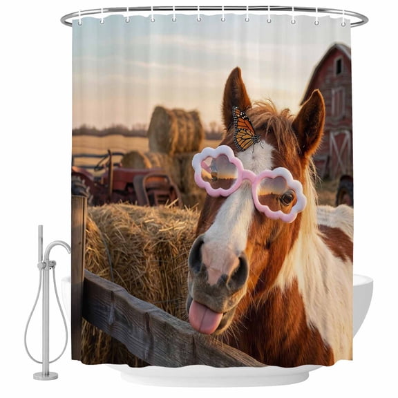 Farm Horses Shower Curtain, Waterproof Shower Curtains for Bathroom, Farmhouse Barn Funny Animals Butterfly Washable Fabric Bathtub Curtain Set Bath Decor with 12 Hooks Standard 72"x72"