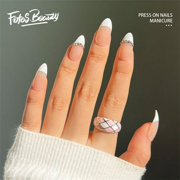 Fofosbeauty 24pcs Press on False Nails Tips, Almond Fake Nails, French Slight Stones