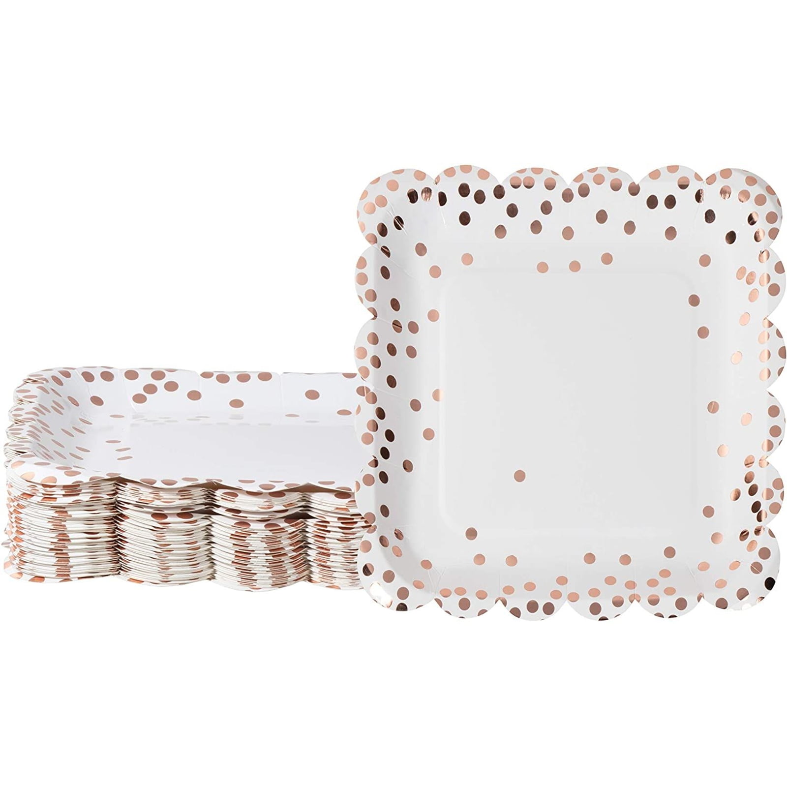 48 Pack Scalloped Rose Gold Paper Plates, Foil Polka Dots Square Plate for Wedding, Birthday Party Supplies Decorations, 9 in