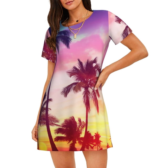 Disketp Tropical Palm Tree at Sunset para Camisón Corto de Manga Corta para Mujeres, Camisón Cómodo con Escote Redondo, Bonito y Confortable