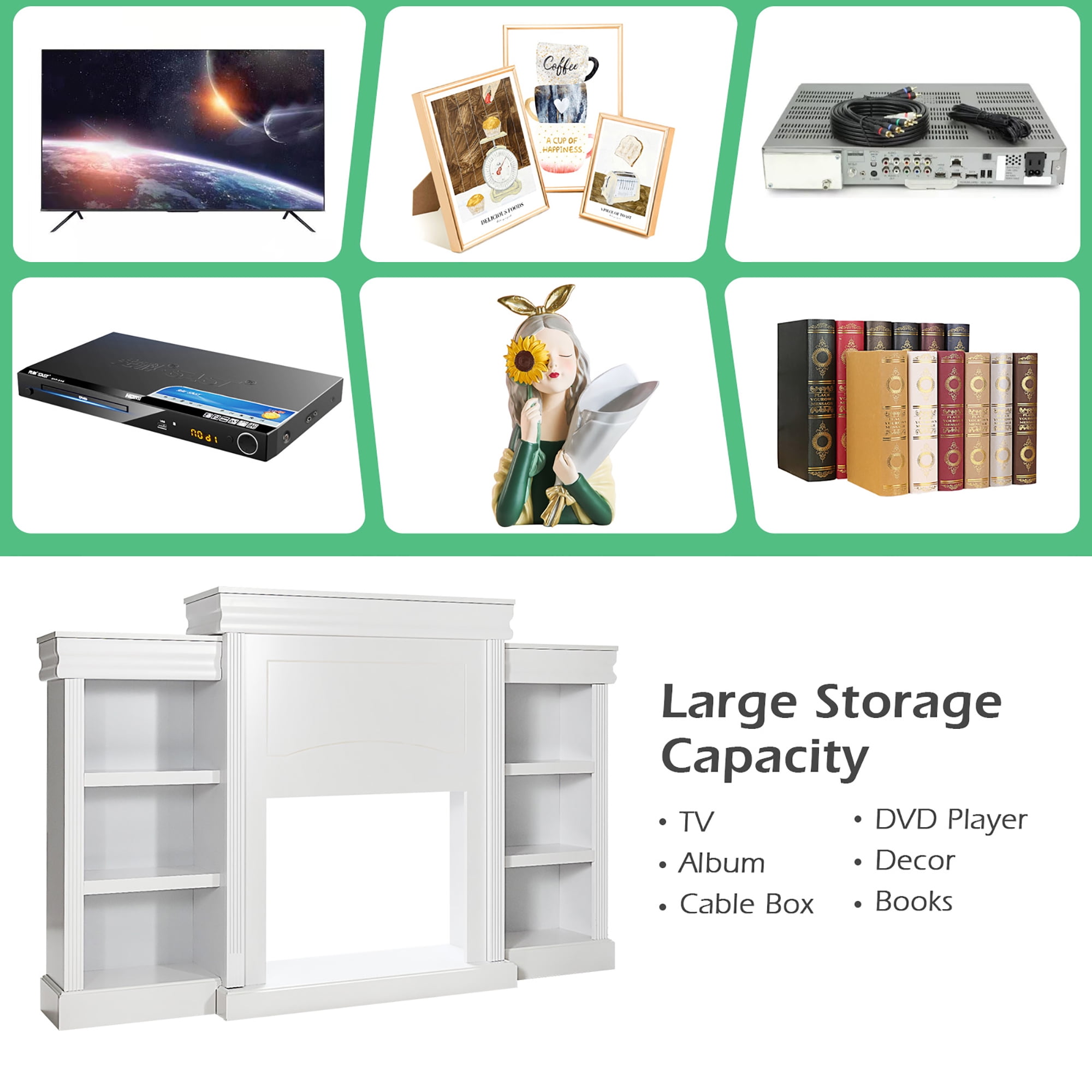 Costway 70'' Fireplace TV Stand Modern Media Entertainment Center Bookcase White
