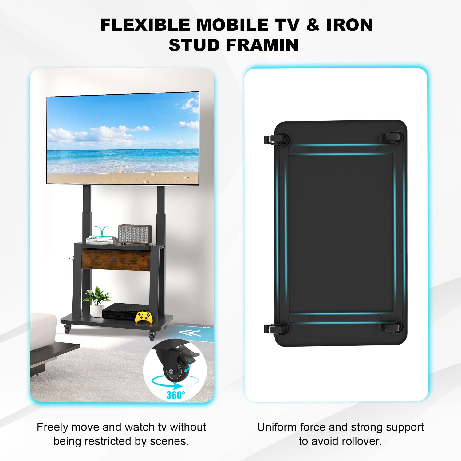 Hellsehen Rolling TV Stand with Fabric Drawers for 32-75 inch Flat Curved Screens up to 220lbs Adjustable Height