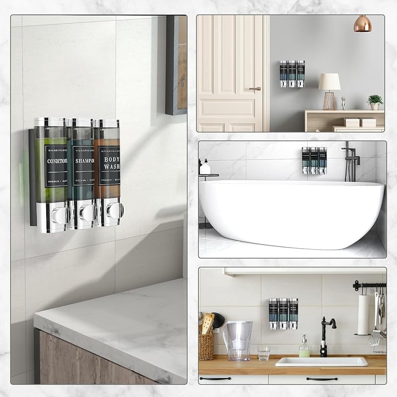 Carmujin 3 Chamber Shower Soap Dispenser, No Drill Wall Mounted Bathroom Organizer