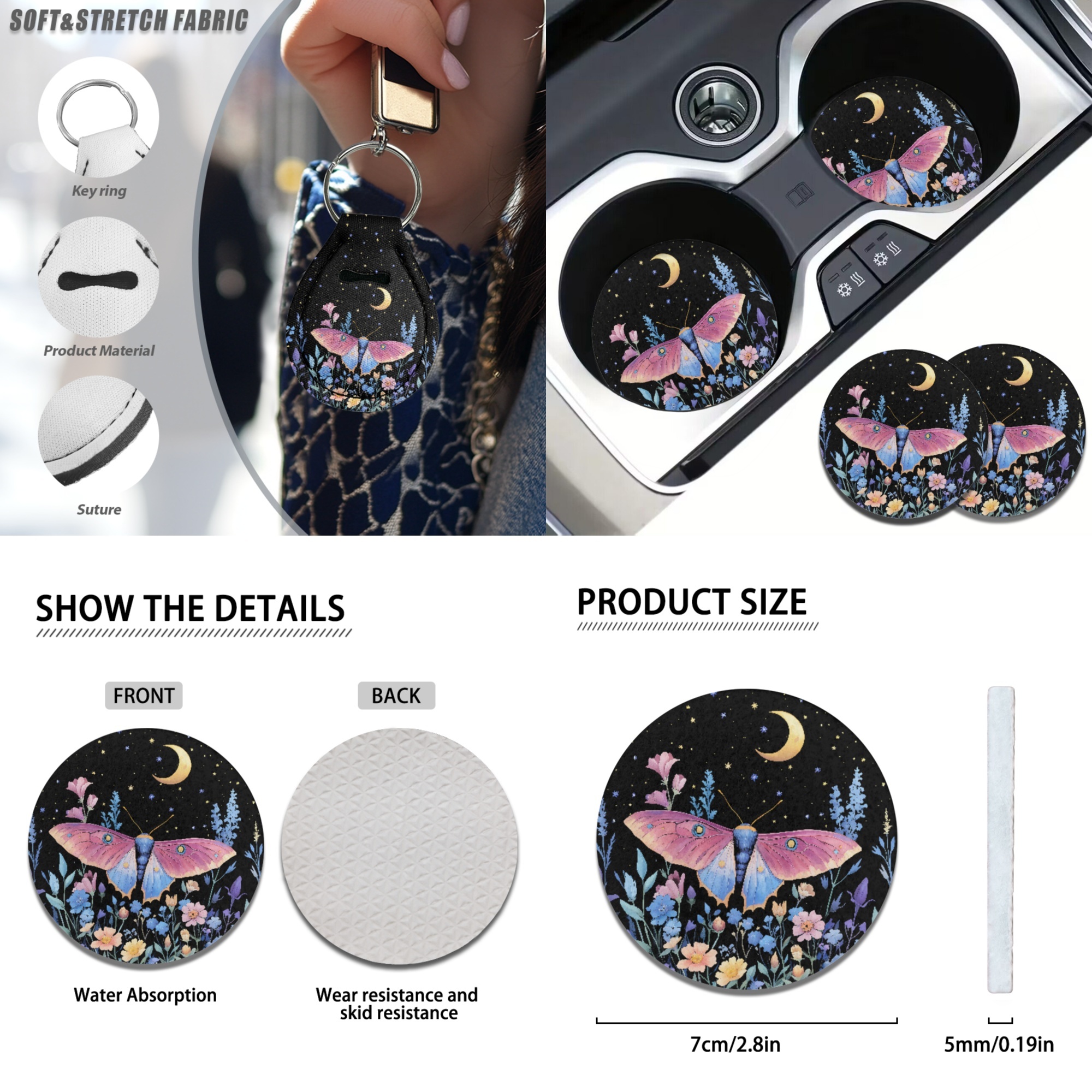 Jeiento Butterfly Car Seat Covers with Floor Mats Steering Wheel Cover Armrest Pad Seat Belt Cover Moon Flower Keychain Coasters Lipstick Holder for Sedan SUV Auto Accessories Set 17 PCS