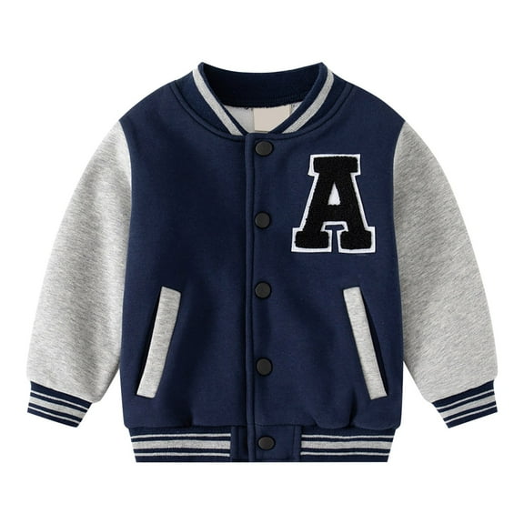 Generic Baby Warm Winter Coat Toddler Boys Fall Winter Padded Letter Printed Standing Collar Long Sleeve Button Baseball Jacket School Daily Outfits(Navy,2-3 Years)