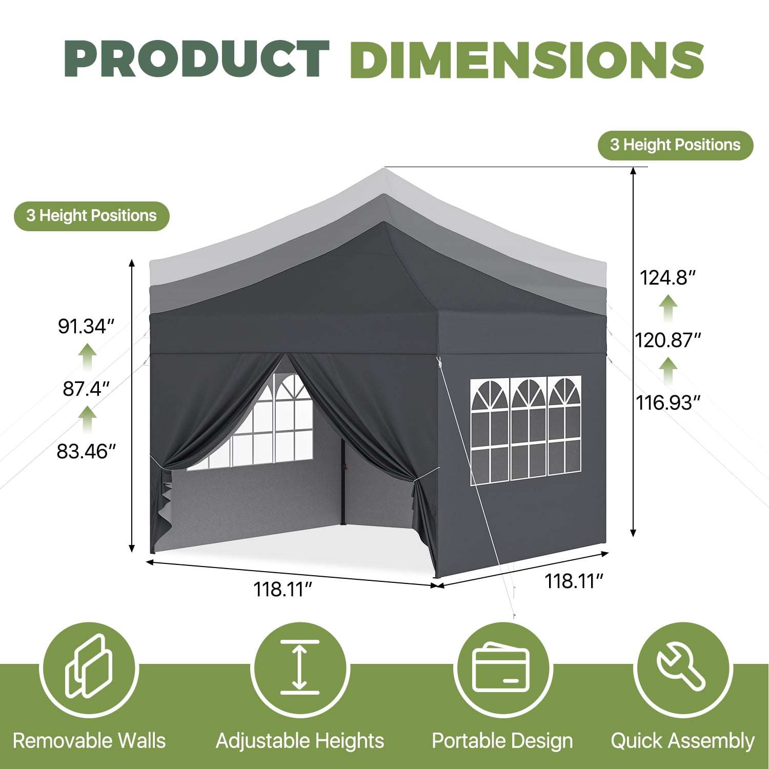 BaPiPro 10'x10' Pop Up Canopy Tent with 4 Removable Sidewalls, Adjustable Height Instant Outdoor Canopy, Portable Sun Shade Shelter with 4 Sandbags, Easy Setup for Parties, Camping, Events, Gray