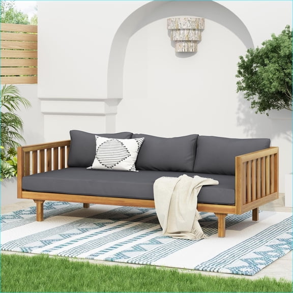 Outdoor 3 Seater Daybed | Solid Acacia Wood | Dark Gray | For Patio Porch | Wood Waterproof Fabric | Solid Back