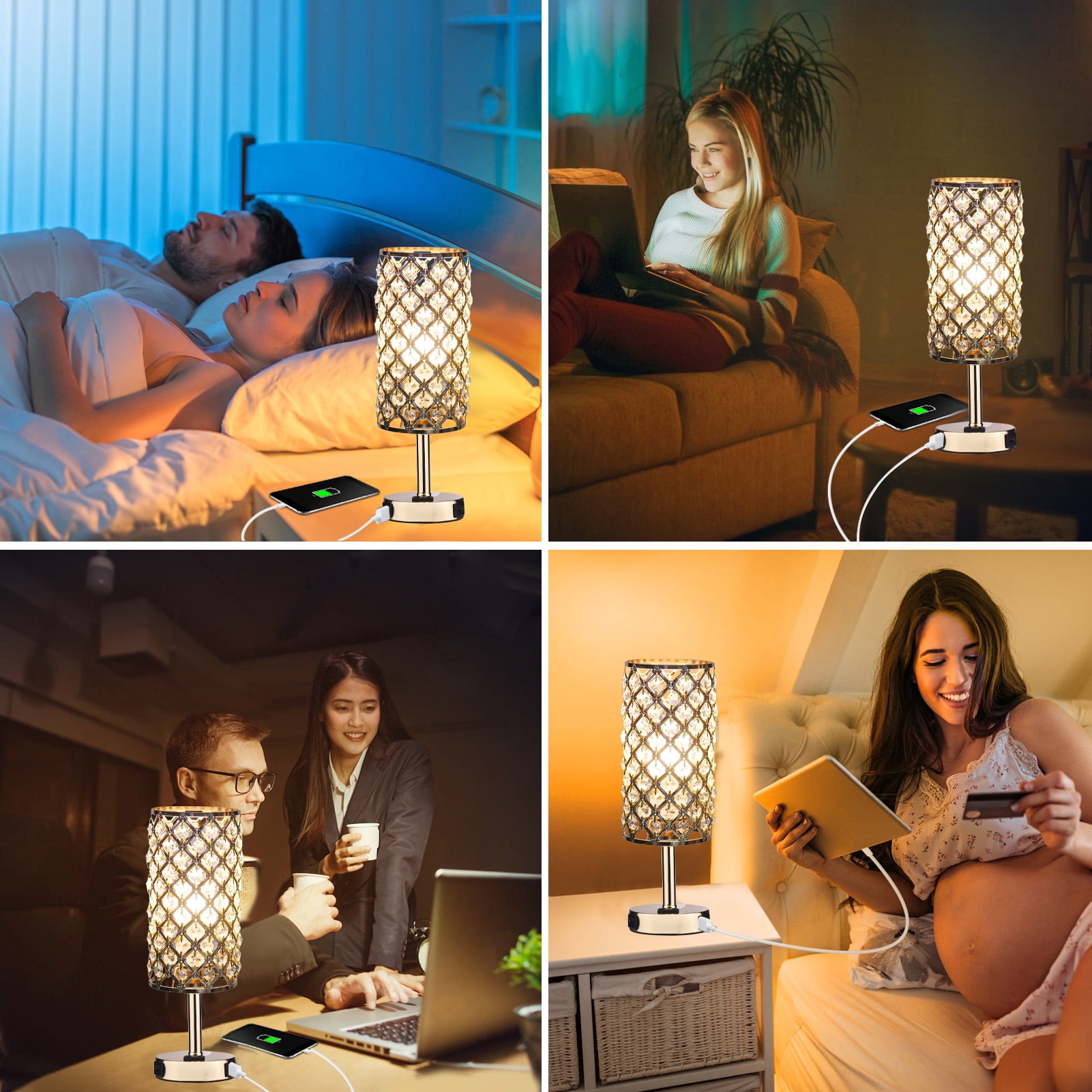 Neoglint 13-inch Crystal Touch Control Table Lamps, Set of 2 Gold Nightstand Lamps with USB C/A Ports & AC Outlet, 3-Way Dimmable Modern Bedside Lamp for Bedroom (Bulbs Included)