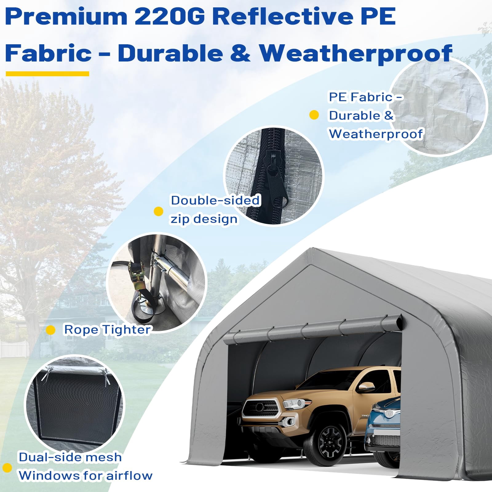 Richryce 20x20 ft Carport, Heavy Duty 2 Carports and Shelters with Sides andGalvanized Steel Frame , Fits 2 Cars, Boat, Farm Equipment, Silver Gray