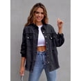 thumbnail image 5 of Ripped Raw Edge Oversized Denim Jacket, Distressed Collar Long Sleeves Denim Coat, Flap Pockets Single-breasted Button Up Loose Denim  Jacket, Women's Denim Jeans & Clothing, 5 of 7