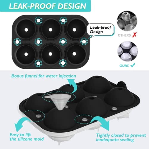 Reusable 2.5 Inch Silicone Ice Ball Maker with Lids and Funnel, Easy Release Round Ice Sphere Mold for Whiskey, Cocktails, Bourbon, and Drinks
