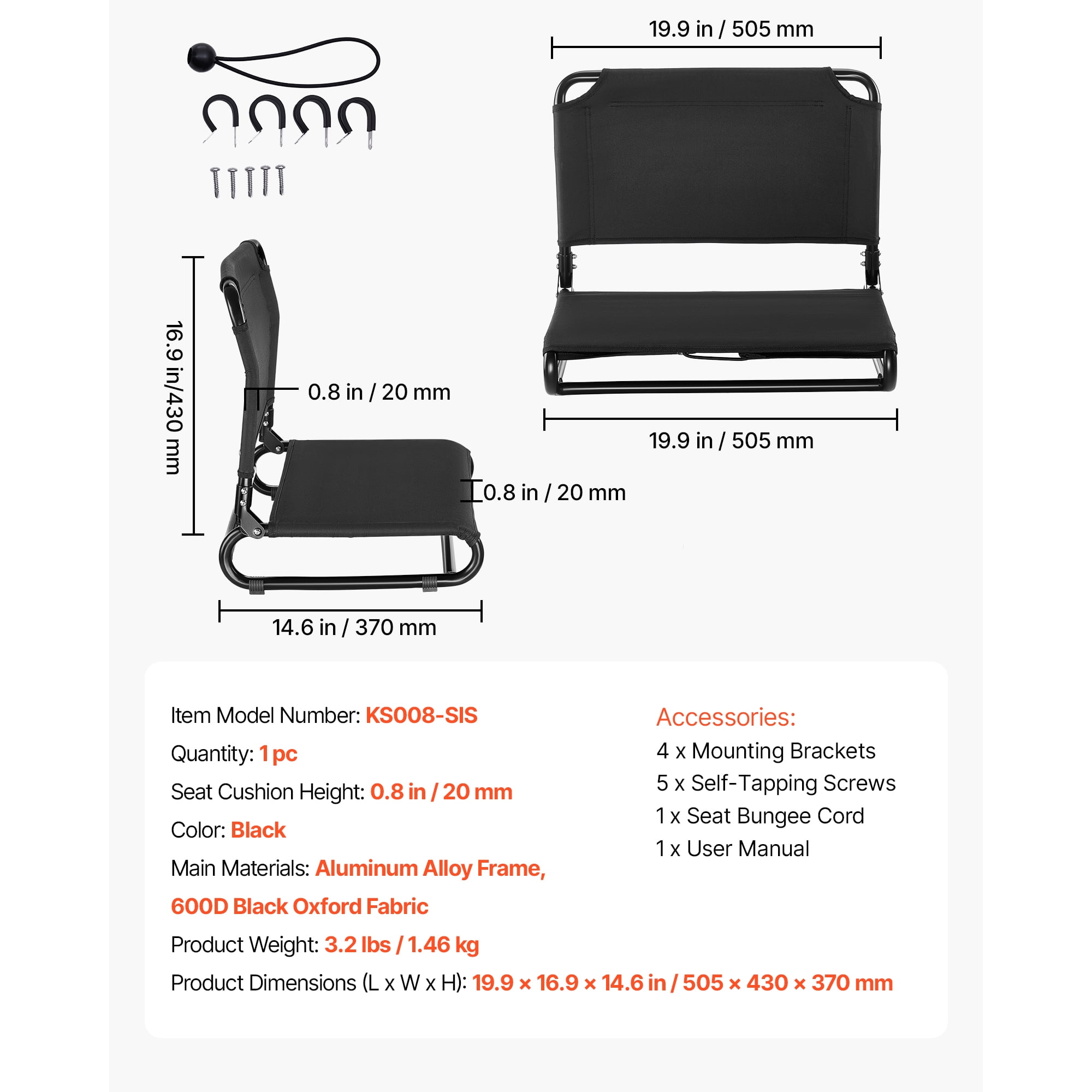 KFFKFF Adjustable Kayak Seat, 1 Pack 0.8" Elevated Design, Foldable Seat with Backrest, Compatible with Various Sit-on-Top, Fishing, Inflatable Kayaks, and Rowboats
