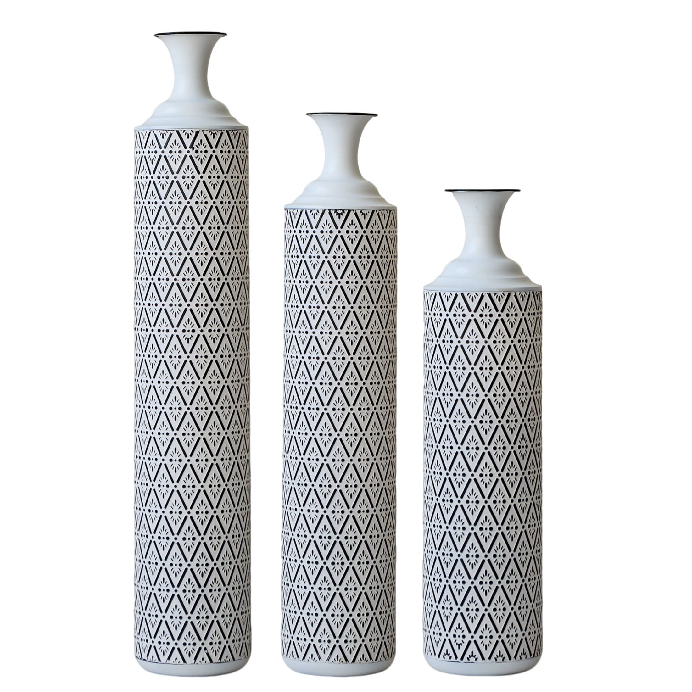 Noble House 33.85", 29.13", 24.8" Metal Floor Vase Set of 3, Geometric Pattern, White+Black