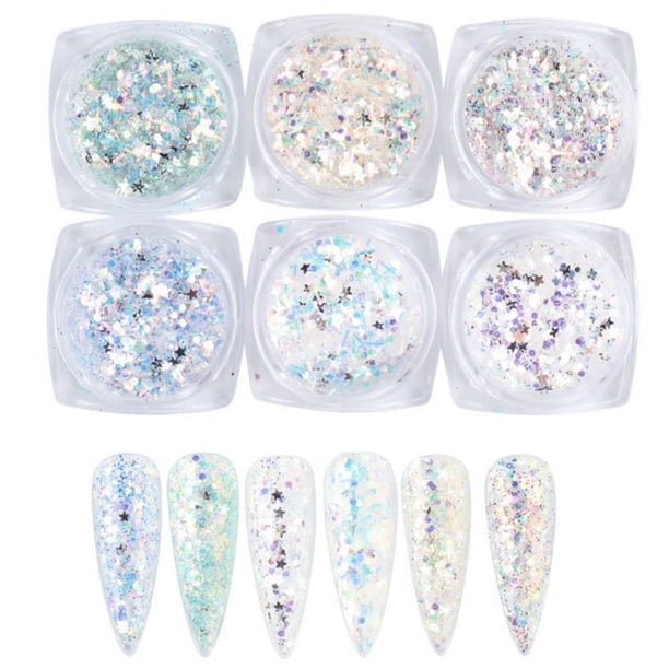 Kits de purpurina de lentejuelas holográficas para decoración de uñas, 6 cajas de uñas 3D con purpurina metálica, escamas brillantes, polvo acrílico, lentejuelas para decoración de uñas, puntas de man