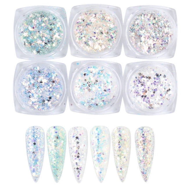 Kits de purpurina de lentejuelas holográficas para decoración de uñas, 6 cajas de uñas 3D con purpurina metálica, escamas brillantes, polvo acrílico, lentejuelas para decoración de uñas, puntas de man