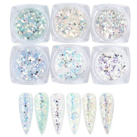 Kits de purpurina de lentejuelas holográficas para decoración de uñas, 6 cajas de uñas 3D con purpurina metálica, escamas brillantes, polvo acrílico, lentejuelas para decoración de uñas, puntas de man