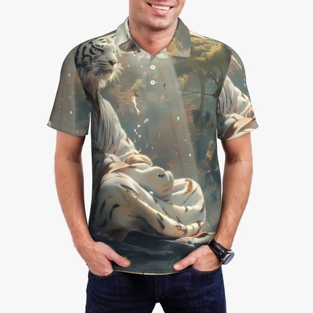 Fotbe Forest Meditating White Tiger Camiseta Polo de Golf para Hombre con Estampado – Camisa Deportiva Transpirable con Cuello Abotonado-Small