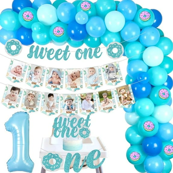 Sweet One Donut 1st Birthday Party Decors Boy Donut 1st Birthday Macaroon Blue Balloon Garland Arch Kit with Donut Photo Banner High Chair Banner, Sweet One Banner Cake Topper, Doughnut Foil Balloon
