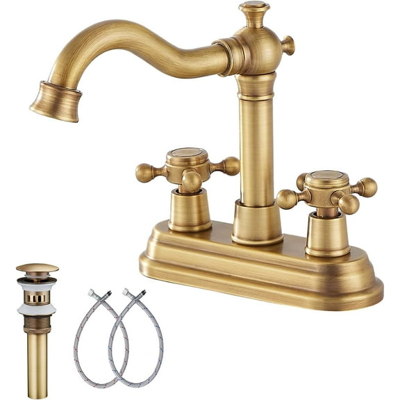 Bathroom Faucet Antique Brass 2 Handles 4 Inches Centerset Bathroom Vanity with Drain Assembly and Supply Hose Lavatory Faucet Mixer Double Handle Tap