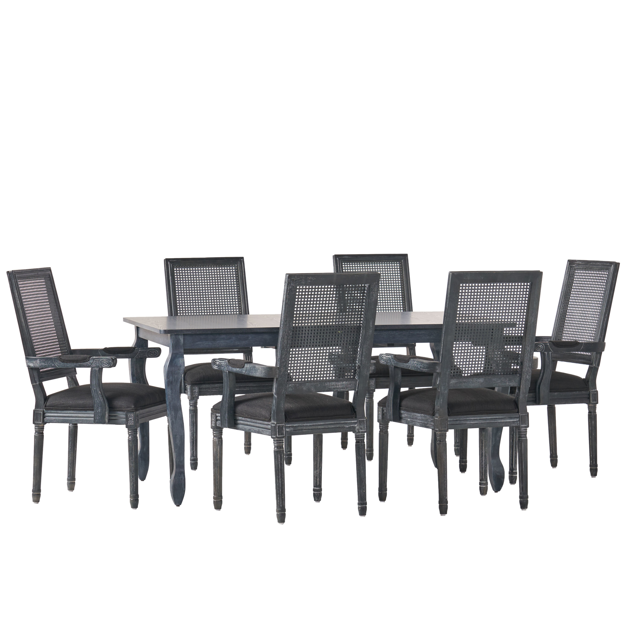 Noble House Midland Fabric Upholstered Wood and Cane Expandable 7 Piece Dining Set, Gray and Black