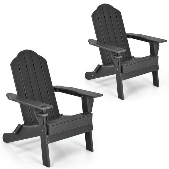 Gymax 2PCS Patio Folding Adirondack Chair Weather Resistant Cup Holder Yard Black