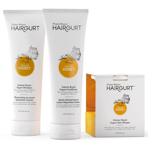 Hairgurt Intense Repair Almond-Miel Acondicionador Set Natural 3 piezas - Champú Acondicionador Mascarilla para el cabello seco dañado y encrespado y crecimiento 8.0 fl oz
