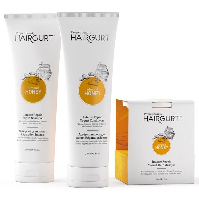 Hairgurt Intense Repair Almond-Miel Acondicionador Set Natural 3 piezas - Champú Acondicionador Mascarilla para el cabello seco dañado y encrespado y crecimiento 8.0 fl oz