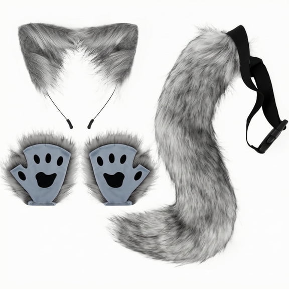Dickly Furry Feline Ears and Tail Set | Matching Paw-Print Gloves, Cat Cosplay Set, for Dark Gray