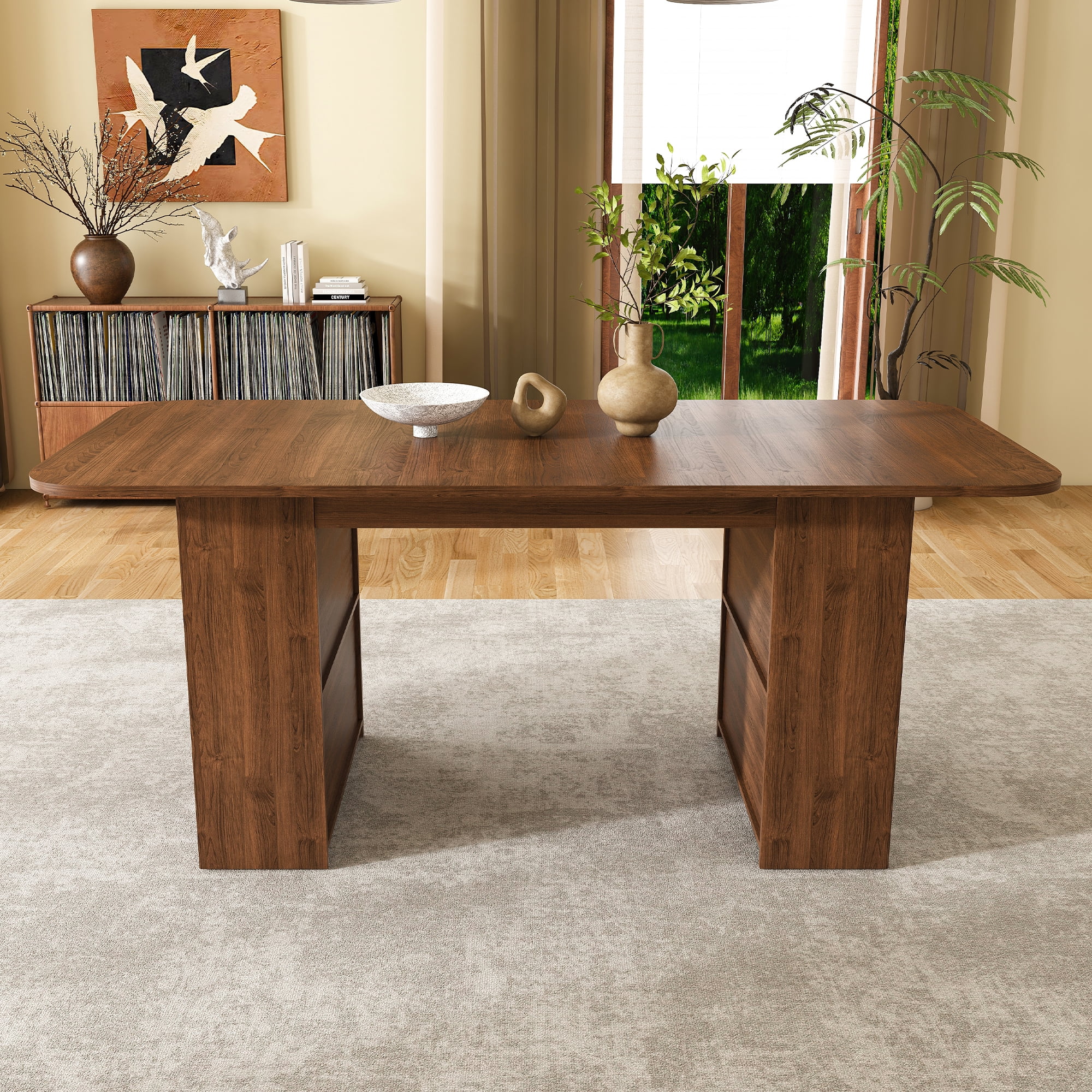 70.87in Dining Table with Drawers & Open Storage, for 4-6 People, MDF Walnut Finish, 3-Panel Wood Look Tabletop Modern Kitchen Table for Dining Room