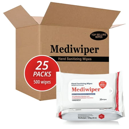 Mediwiper (500 Wipes) Alcohol-Free, Travel Hand Wipes Value Pack, Unscented, 20ct X 25 Packs