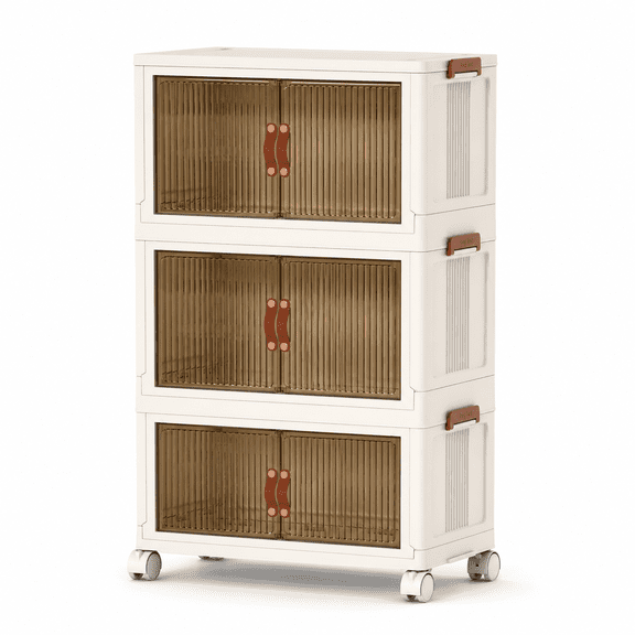 3-Pack Foldable Storage Bins with Lid, Magnetic Front Door, Stackable Closet Organizers, Includes 4 Rotatable Wheels, 8 Small Labels
