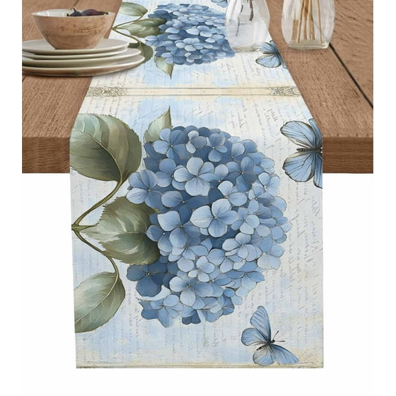 Blue Hydrangea Retro Burlap Cotton Table Runner 13x72 Inches Long, VintageBotanical Floral Blossom Farmhouse Table Runners, Outdoor Dining Tablecloths Decor for Baby Shower/Party/Wedding