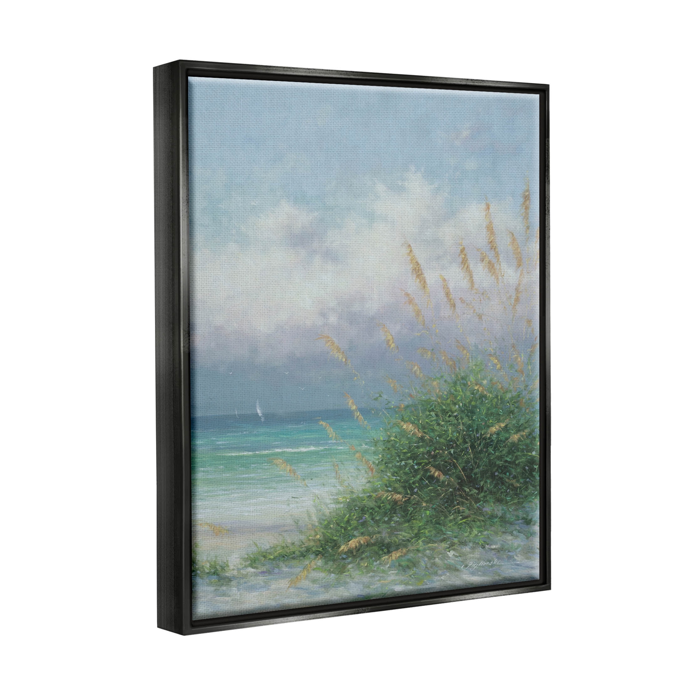 Ocean Waves Beach Reeds Coastal Painting Jet Black Framed Art Print Wall Art